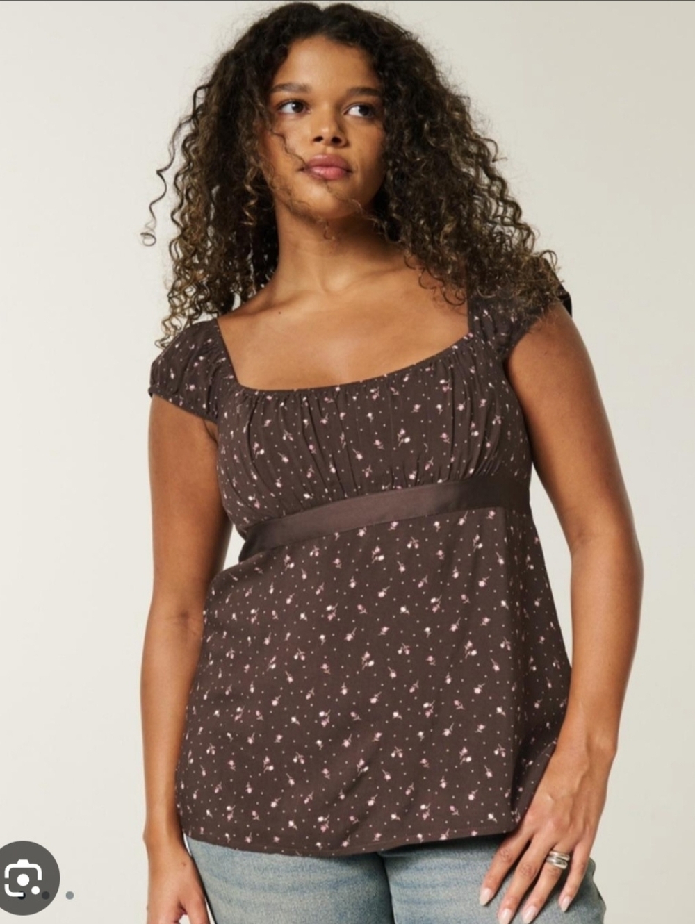 Hollister Easy Satin Tie Babydoll Top Brown Floral, Medium